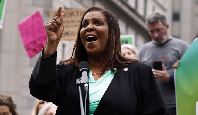 New York Attorney General Letitia James is shown in this May 3, 2022, file photo at a rally in New York. Former President Donald Trump lost his bid in federal court Friday to halt Ms. James’ investigation into his business dealings. (AP Photo/Jason DeCrow, File)  **FILE**