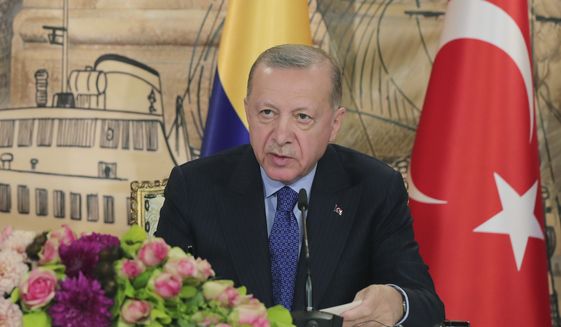 In this photo made available by the Turkish Presidency, Turkish President Recep Tayyip Erdogan speaks during a news conference in Istanbul, Turkey, Friday, May 20, 2022.  (Turkish Presidency via AP)  **FILE**