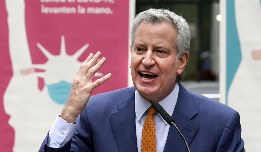 Then-New York Mayor Bill de Blasio delivers remarks in Times Square on April 12, 2021, in New York. The former New York City mayor says he&#39;s considering a run for Congress after a legal battle over the state&#39;s political maps opened up a seat in Brooklyn. (AP Photo/Richard Drew, File)