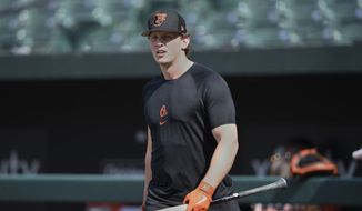 Baltimore Orioles Adley Rutschman awaits batting practice in his major league debut against the Tampa Bay Rays in a baseball game Saturday, May 21, 2022, in Baltimore. (AP Photo/Gail Burton)