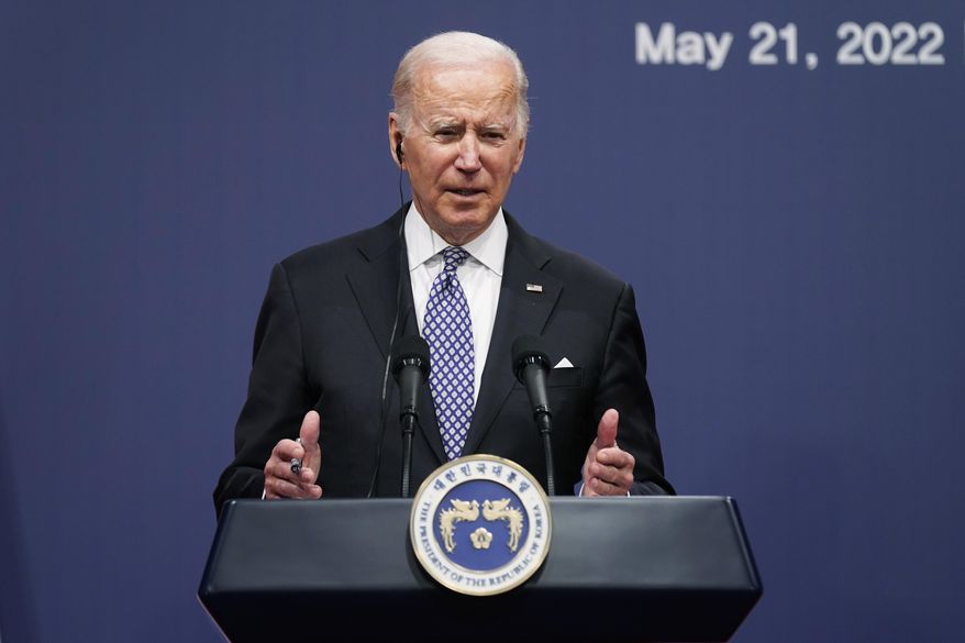 In this file photo, U.S. President Joe Biden speaks during a news conference with South Korean President Yoon Suk Yeol at the People&#39;s House inside the Ministry of National Defense, Saturday, May 21, 2022, in Seoul, South Korea. (AP Photo/Evan Vucci)  **FILE**