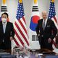 U.S. President Joe Biden, right, speaks during a news conference with South Korean President Yoon Suk Yeol, left, at the People&#39;s House, Saturday, May 21, 2022, in Seoul. (AP Photo/Evan Vucci)