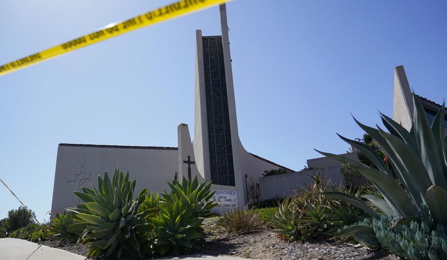 Crime scene tape surrounds Geneva Presbyterian Church on Tuesday, May 17, 2022, in Laguna Woods, Calif. A shooting at the church on Sunday left one dead and five injured. (AP Photo/Ashley Landis)
