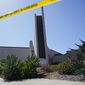 Crime scene tape surrounds Geneva Presbyterian Church on Tuesday, May 17, 2022, in Laguna Woods, Calif. A shooting at the church on Sunday left one dead and five injured. (AP Photo/Ashley Landis)