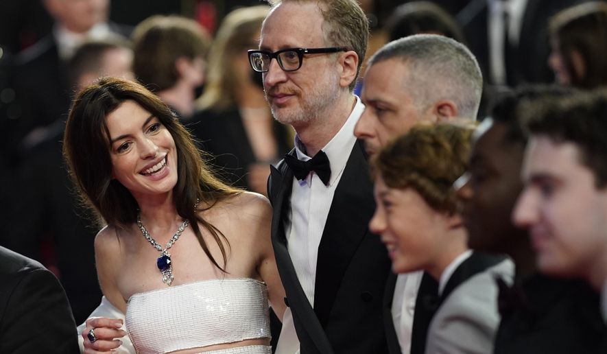 Anne Hathaway, from left, director James Gray, Jeremy Strong, Michael Banks Repeta, and Jaylin Webb depart after the premiere of the film &#39;Armageddon Time&#39; at the 75th international film festival, Cannes, southern France, Thursday, May 19, 2022. (AP Photo/Daniel Cole)