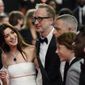 Anne Hathaway, from left, director James Gray, Jeremy Strong, Michael Banks Repeta, and Jaylin Webb depart after the premiere of the film &#39;Armageddon Time&#39; at the 75th international film festival, Cannes, southern France, Thursday, May 19, 2022. (AP Photo/Daniel Cole)