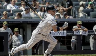 New York Yankees third baseman Josh Donaldson (28) makes a swinging strike on a pitch during the third inning of a baseball game against Chicago White Sox, Saturday May 21, 2022, in New York. (AP Photo/Bebeto Matthews)