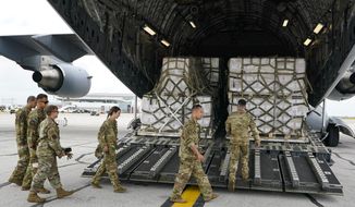 Crew members of a C-17 begins to unload a plane load of baby formula at the Indianapolis International Airport in Indianapolis, Sunday, May 22, 2022. The 132 pallets of Nestlé Health Science Alfamino Infant and Alfamino Junior formula arrived from Ramstein Air Base in Germany (AP Photo/Michael Conroy)