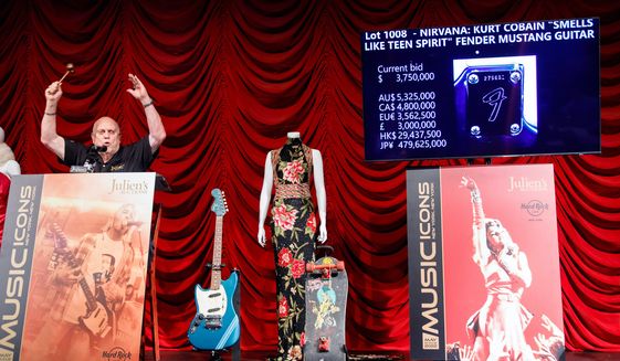 Kurt Cobain&#39;s iconic Fender guitar fetched $4.5 million at auction, according to Julien&#39;s Auctions, which staged their event at the Hard Rock Cafe in New York City on Sunday, May 22, 2022. (Image courtesy of Julien&#39;s Auctions)