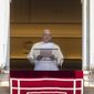Pope Francis delivers his blessing as he recites the Regina Coeli noon prayer from the window of his studio overlooking St.Peter&#39;s Square, at the Vatican, Sunday, May 22, 2022. (AP Photo/Andrew Medichini)