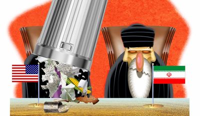 Illustration on U.S. negotiations with Iran by Alexander Hunter/The Washington Times