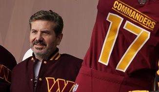 Dan Snyder, co-owner and co-CEO of the Washington Commanders, poses for photos during an event to unveil the NFL football team&#39;s new identity, Wednesday, Feb. 2, 2022, in Landover, Md. A person with knowledge of the situation tells The Associated Press the Washington Commanders have bought land in Virginia for what could be a potential site of the NFL team’s next stadium. The 200 acres of land purchased for approximately $100 million is in Woodbridge roughly 25 miles outside the District of Columbia. The Commanders’ lease at FedEx Field in Landover, Maryland, expires in 2027. (AP Photo/Patrick Semansky, File)