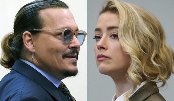 This combination of two separate photos shows actor Johnny Depp, left, and Amber Heard in the courtroom at the Fairfax County Circuit Courthouse in Fairfax, Va., Monday, May 23, 2022. Depp sued his ex-wife Amber Heard for libel in Fairfax County Circuit Court after she wrote an op-ed piece in The Washington Post in 2018 referring to herself as a &amp;quot;public figure representing domestic abuse.&amp;quot; (AP Photo/Steve Helber, Pool)
