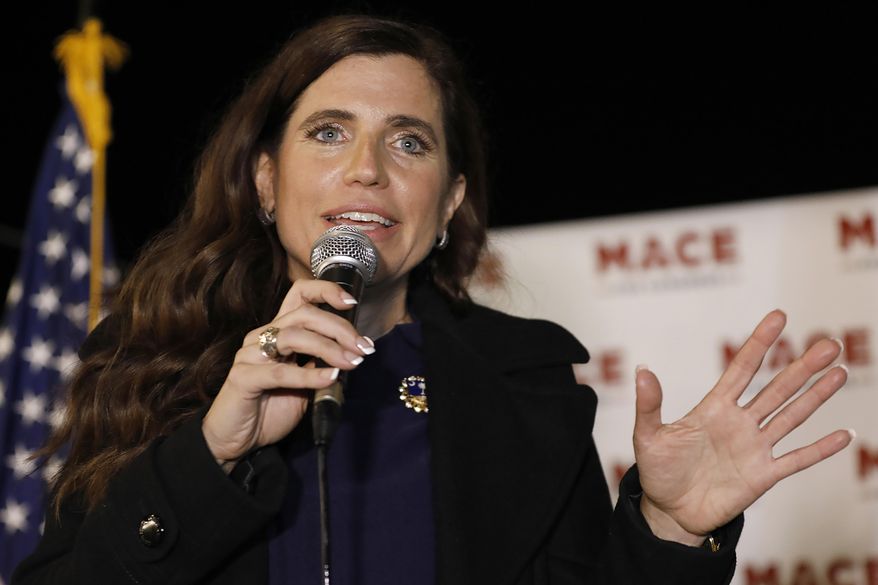 Republican Nancy Mace talks to supporters during her election night party on Nov. 3, 2020, in Mount Pleasant, S.C. Mace is set to meet two GOP challengers on the debate stage, Monday, May 23, 2022, who are seeking to oust her from South Carolina&#39;s 1st Congressional District. (AP Photo/Mic Smith, File)