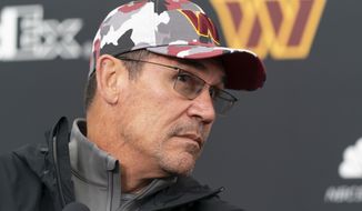 Washington Commanders head coach Ron Rivera speaks with reporters after practice at the team&#39;s NFL football training facility, Tuesday, May 24, 2022 in Ashburn, Va. (AP Photo/Alex Brandon)