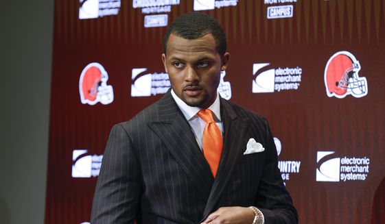 Cleveland Browns new quarterback Deshaun Watson enters a news conference at the NFL football team&#39;s training facility, on March 25, 2022, in Berea, Ohio. Two of the women accusing quarterback Deshaun Watson of sexual misconduct during massage therapy sessions feel offended by the $230 million contract he received from the Cleveland Browns. (AP Photo/Ron Schwane, File) **FILE**