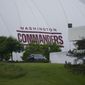 The Washington Commanders name is seen on their practice bubble at the team&#39;s NFL football training facility, Tuesday, May 24, 2022 in Ashburn, Va. (AP Photo/Alex Brandon)