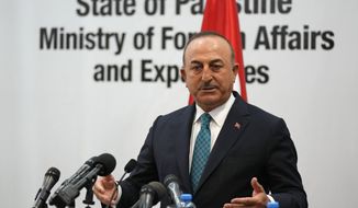 Turkish Foreign Minister Mevlut Cavusoglu speaks during a joint statement with his Palestinian counterpart Riad al-Malki in the West Bank town of Ramallah, Tuesday, May 24, 2022. (AP Photo/Majdi Mohammed)