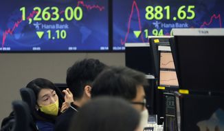 A currency trader watches monitors at the foreign exchange dealing room of the KEB Hana Bank headquarters in Seoul, South Korea, Tuesday, May 24, 2022.  Asian shares were mostly lower on Tuesday as worries over inflation tempered optimism over President Joe Biden’s remark that he was considering reducing U.S. tariffs on Chinese imports.(AP Photo/Ahn Young-joon)