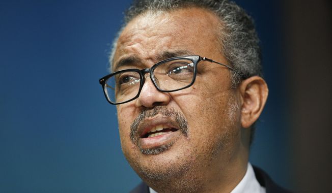 The head of the World Health Organization, Tedros Adhanom Ghebreyesus speaks during a media conference at an EU Africa summit in Brussels on Feb. 18, 2022. Ghebreyesus, is expected to be confirmed by the U.N. health agency&#x27;s member countries for a second five-year term on Tuesday, May 24, 2022 after no other candidate challenged him for the post amid the ongoing difficulties of responding to the devastating coronavirus pandemic. (Johanna Geron, Pool Photo via AP, File)