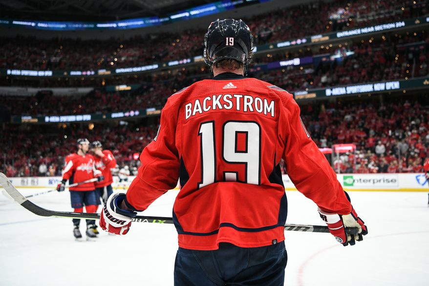 Washington Capitals center Nicklas Backstrom (19) during a break in the action during the 2nd period in a game against the Florida Panthers at Capital One Arena in Washington D.C., May 9, 2022. (Photo by All-Pro Reels)