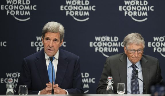 John Kerry, left, United States Special Presidential Envoy for Climate and Bill Gates, Co-Chair, Bill &amp; Melinda Gates Foundation, attend a news conference during the World Economic Forum in Davos, Switzerland, Wednesday, May 25, 2022. The annual meeting of the World Economic Forum is taking place in Davos from May 22 until May 26, 2022. (AP Photo/Markus Schreiber)