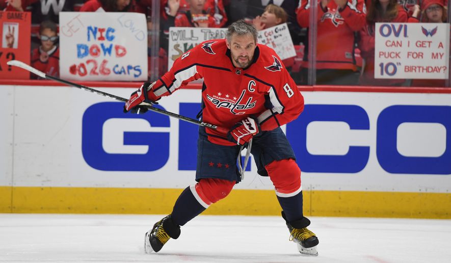 Washington Capitals left wing Alex Ovechkin (8) before a game against the Florida Panthers at Capital One Arena in Washington D.C., May 9, 2022. (Photo by All-Pro Reels)