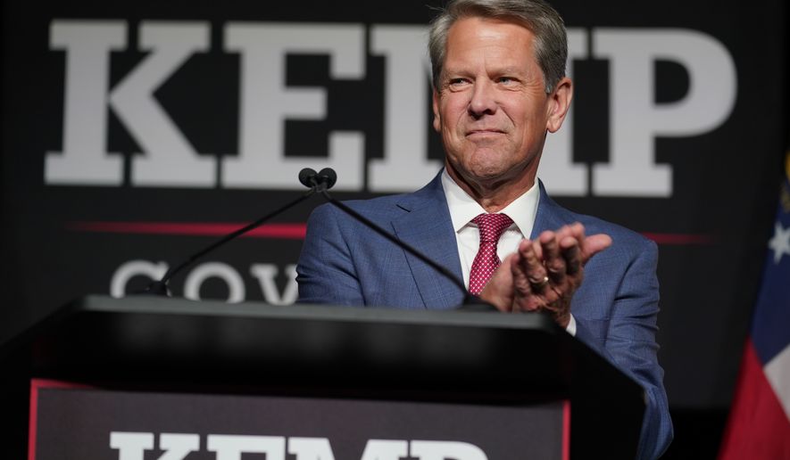 Gov. Brian Kemp speaks during an election-night watch party Tuesday, May 24, 2022, in Atlanta. (AP Photo/John Bazemore)