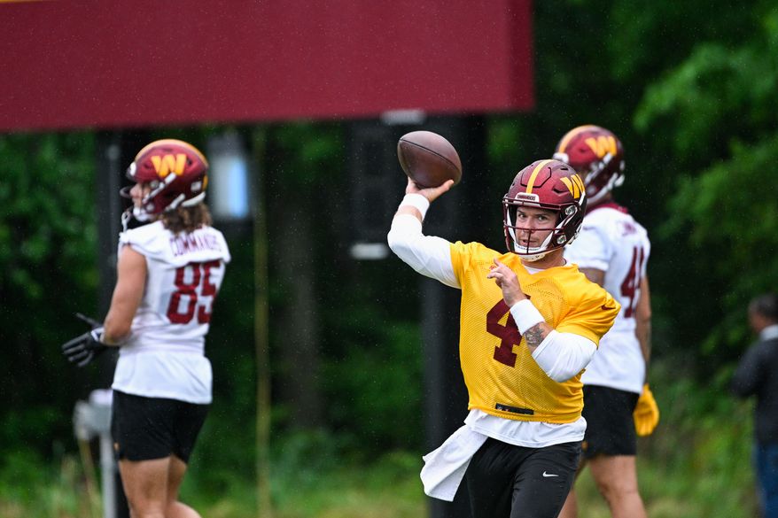 Washington Commanders Taylor Heinicke participates in OTAs at the team's Inova Sports and Performance Center, May 24, 2022. (Photo by Brian Murphy, All-Pro Reels)