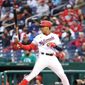 Outfielder Juan Soto (#22) rotating his arm before taking his turn at bat at Washington Nationals vs. Los Angeles Dodgers on May 24th 2022 at Nationals Park in Washington, D.C. (Photo: All Pro-reels/Alyssa Howell)