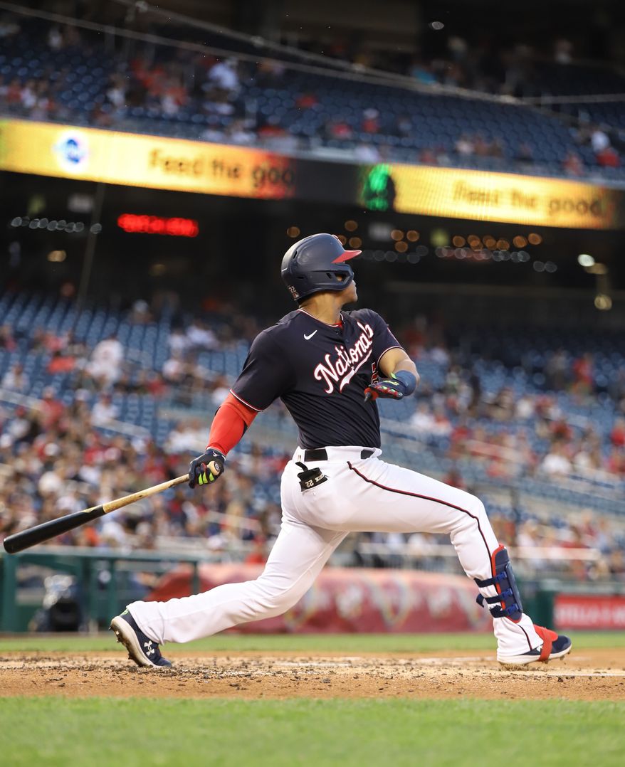 Outfielder Juan Soto (#22) taking a big swing, lining out to the left fielder at Washington Nationals vs Houston Astros on May 13th 2022 at Nationals Park in Washington DC. (Photo: All-Pro Reels/ Alyssa Howell)