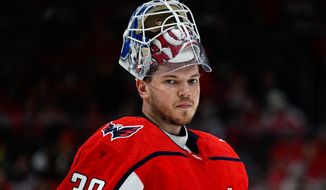 Washington Capitals Ilya Samsonov pauses during a stoppage in play against the Florida Panthers during Game 6 of the Stanley Cup playoffs at Capital One Arena in Washington D.C., May 13, 2022. (Photo by Brian Murphy, All-Pro Reels)