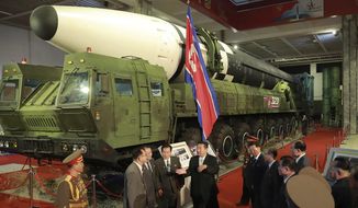 In this photo provided by the North Korean government, North Korean leader Kim Jong Un, center, speaks in front of what the North says an intercontinental ballistic missile displayed at an exhibition of weapons systems in Pyongyang, North Korea, on Oct. 11, 2021. North Korea test-launched a suspected intercontinental ballistic missile and two shorter-range weapons into the sea Wednesday, May 25, 2022, South Korea said, hours after President Joe Biden ended a trip to Asia where he reaffirmed the U.S. commitment to defend its allies in the face of the North’s nuclear threat. Independent journalists were not given access to cover the event depicted in this image distributed by the North Korean government. The content of this image is as provided and cannot be independently verified. (Korean Central News Agency/Korea News Service via AP, File)