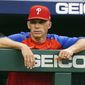 Philadelphia Phillies manager Joe Girardi watches from the dugout during the first inning of the team&#39;s baseball game against the Atlanta Braves on Wednesday, May 25, 2022, in Atlanta. (AP Photo/John Bazemore)