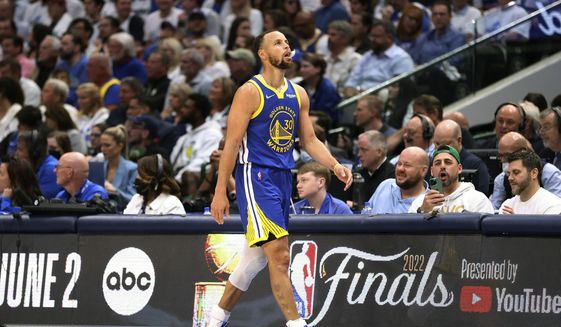 Golden State Warriors&#39; Stephen Curry walks off court during the second half of Game 4 of the NBA basketball playoffs Western Conference finals against The Dallas Mavericks, Tuesday, May 24, 2022, in Dallas. (Scott Strazzante/San Francisco Chronicle via AP) **FILE**