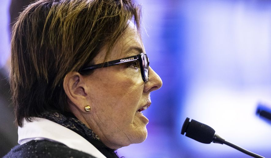Republican gubernatorial hopeful Donna Brandenburg addresses the Michigan Board of Canvassers during a meeting at the Senate hearing room inside Boji Tower in Lansing, Mich., Thursday, May 26, 2022. (Joel Bissell/The Grand Rapids Press via AP)