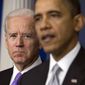 Vice President Joe Biden, left, listens as President Barack Obama announces that Biden will lead an administration-wide effort to curb gun violence in response to the Connecticut school shooting, during a news conference in the briefing room of the White House on Dec. 19, 2012 in Washington. (AP Photo/ Evan Vucci, File)