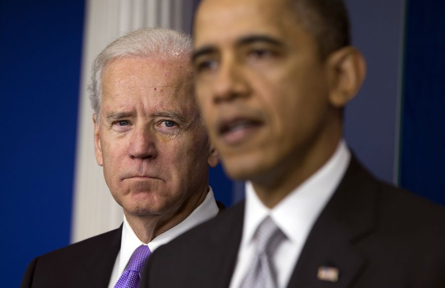 Vice President Joe Biden, left, listens as President Barack Obama announces that Biden will lead an administration-wide effort to curb gun violence in response to the Connecticut school shooting, during a news conference in the briefing room of the White House on Dec. 19, 2012 in Washington. (AP Photo/ Evan Vucci, File)