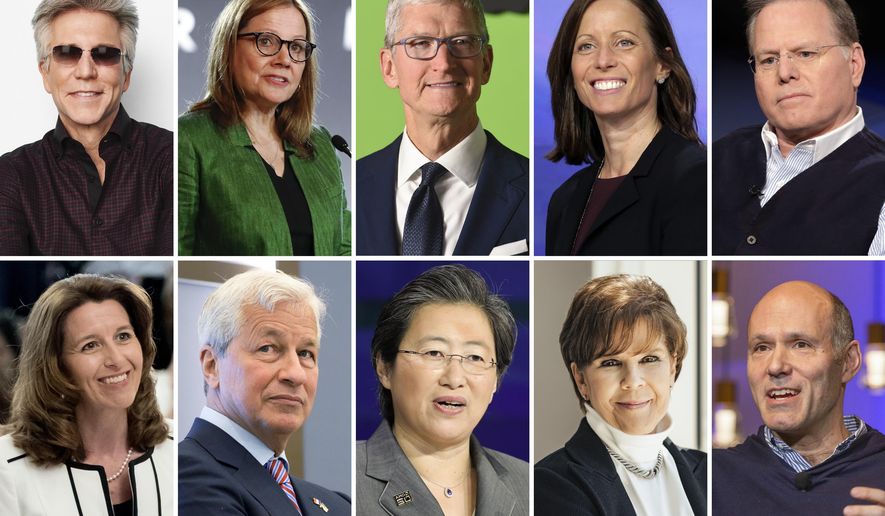 This combination photo shows the highest paid male and female CEOs in the S&amp;amp;P 500 index for 2021, as calculated by The Associated Press and Equilar, an executive data firm. Top row, from left, Bill McDermott of ServiceNow, Mary Barra of General Motors, Tim Cook of Apple, Adena Friedman of Nasdaq, and David Zaslav of Warner Bros. Discovery. Bottom row, from left, Kathy Warden of Northrop Grumman, Jamie Dimon of JPMorgan Chase, Lisa Su of Advanced Micro Devices, Phebe Novakovic of General Dynamics, and Peter Kern of Expedia Group. The median pay package for the CEOs of the biggest U.S. companies rose 17.1% in 2021 as the economy rebounded and company profits and stock prices jumped. (AP Photo)