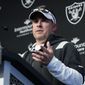Las Vegas Raiders head coach Josh McDaniels speaks during a news conference at the NFL football team&#39;s practice facility Thursday, May 26, 2022, in Henderson, Nev. (AP Photo/John Locher)