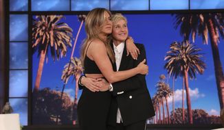 In this photo released by Warner Bros., talk show host Ellen DeGeneres, right, is embraced by Jennifer Aniston during the final taping of &amp;quot;The Ellen DeGeneres Show&amp;quot; at the Warner Bros. lot in Burbank, Calif. (Michael Rozman/Warner Bros. via AP)