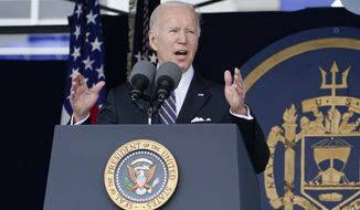 President Joe Biden speaks to the U.S. Naval Academy Class of 2022 graduation and commissioning ceremony in Annapolis, Md., Friday, May 27, 2022. (AP Photo/Manuel Balce Ceneta)