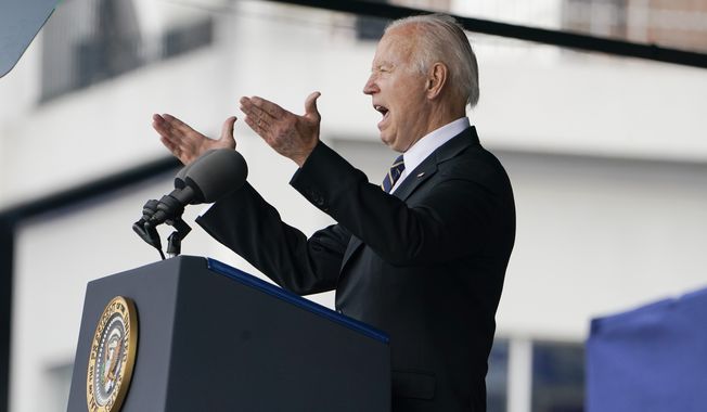President Joe Biden speaks to the U.S. Naval Academy Class of 2022 graduation and commissioning ceremony in Annapolis, Md., Friday, May 27, 2022. (AP Photo/Manuel Balce Ceneta)