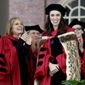 Honorary degree recipient Gloria Steinem, left, applauds fellow honorary degree recipient New Zealand Prime Minister Jacinda Ardern as she is introduced at Harvard&#39;s 371st Commencement, Thursday, May 26, 2022, in Cambridge, Mass. (AP Photo/Mary Schwalm)