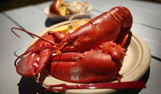 A cooked lobster is served on a picnic table at McLoon&#39;s Lobster Shack in Spruce Head, Maine, in this July 19, 2018 file photo. Lobster prices are dipping somewhat in front of Memorial Day, which marks the unofficial start of the industry&#39;s busy season. (AP Photo/Robert F. Bukaty, File)