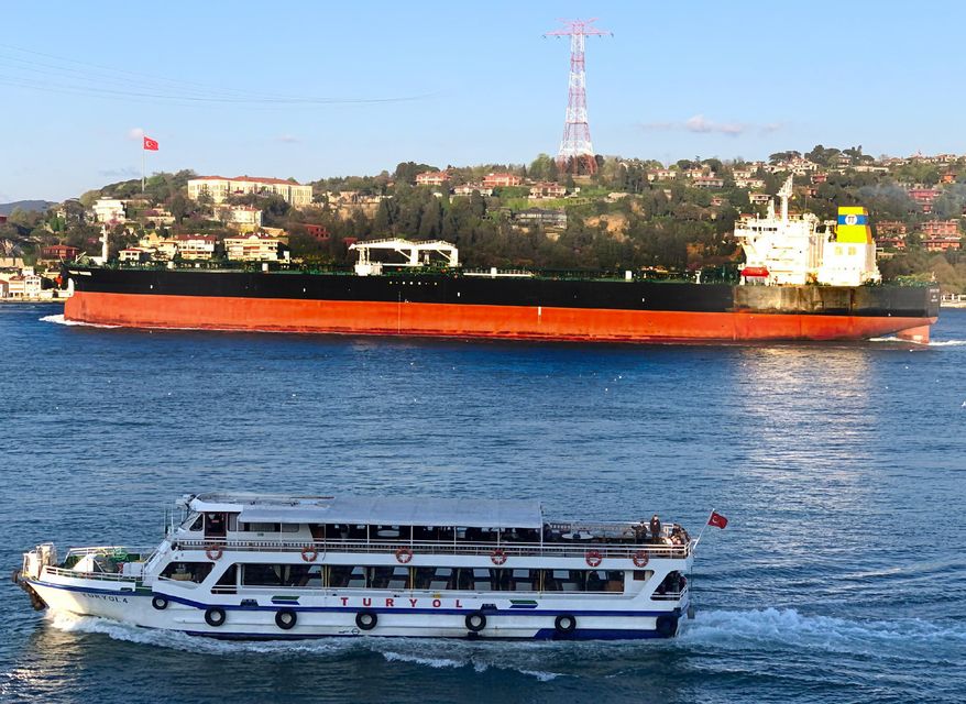 The Greek-flagged oil tanker Prudent Warrior, background, is seen as it sails past Istanbul, Turkey, April 19, 2019. Iran&#39;s paramilitary Revolutionary Guard seized two Greek oil tankers on Friday, May 27, 2022, in helicopter-launched raids in the Persian Gulf, according to officials. The actions were an apparent retaliation for Athens assisting the U.S. in seizing Iranian crude oil in the Mediterranean Sea over violating Washington&#39;s crushing sanctions on the Islamic Republic. (Dursun Çam via AP)