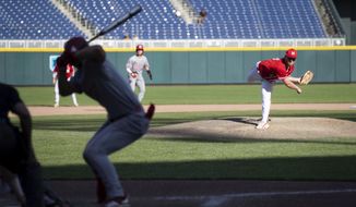 Maryland&#39;s Will Glock pitches in the 11th inning against Indiana during a Big Ten college baseball tournament game Saturday, May 28, 2022, in Omaha, Neb. (Megan Nielsen/Omaha World-Herald via AP) **FILE**