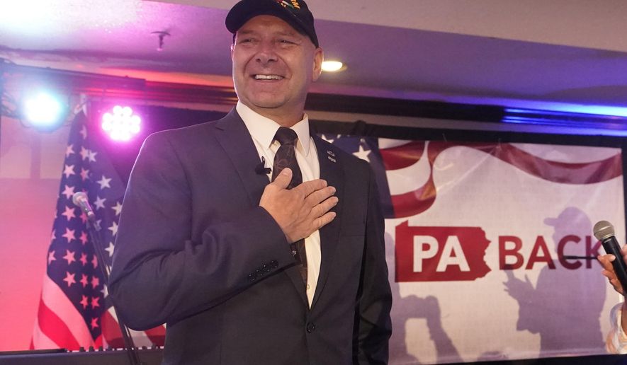 State Sen. Doug Mastriano, R-Franklin, a Republican candidate for governor of Pennsylvania, takes part in a primary night election gathering in Chambersburg, Pa., Tuesday, May 17, 2022. (AP Photo/Carolyn Kaster, File)