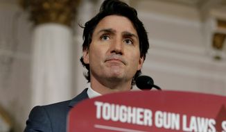 Canada&#39;s Prime Minister Justin Trudeau announces new gun control legislation in Ottawa, Ontario, on Monday, May 30, 2022. (Patrick Doyle/The Canadian Press via AP)