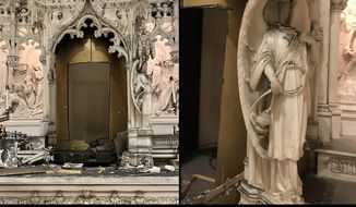 This image provided by the New York City Police Department shows a missing tabernacle and damaged angel statue in St. Augustine&#x27;s Roman Catholic Church in Brooklyn’s Park Slope neighborhood in New York, which was stolen between Thursday, May 26, 2022 and Saturday, May 28, 2022. The tabernacle, a box containing Holy Communion items, was made of 18-carat gold and decorated with jewels, police and the diocese said. It’s valued at $2 million. (NYPD via AP)